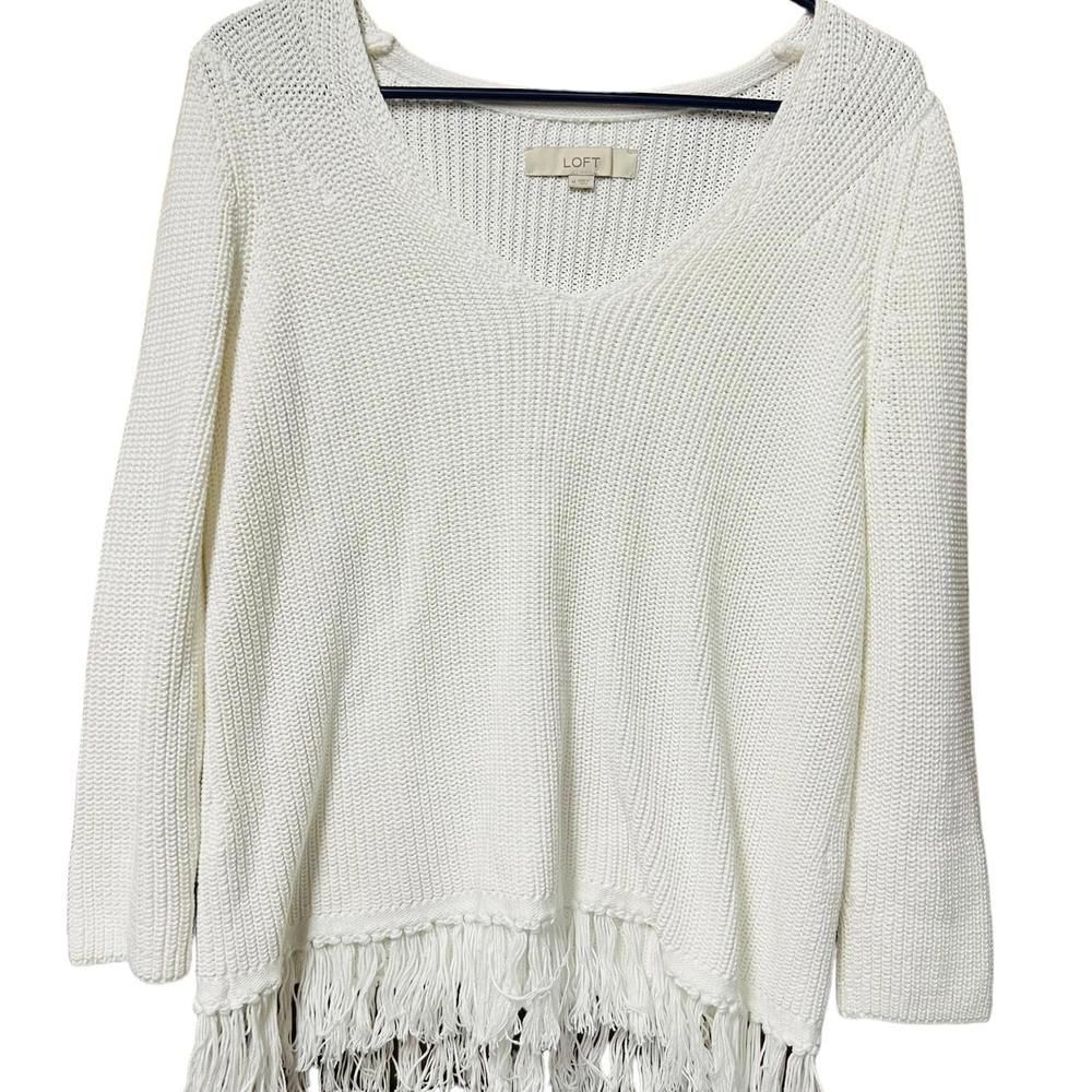 LOFT White Fringe Hem Knit Sweater